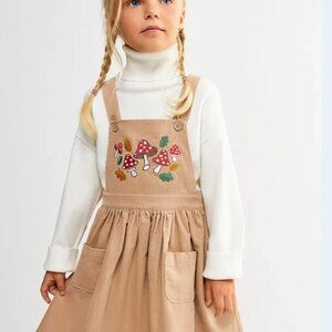 Tan Kids Corduroy Overall Dress with Mushroom Embroidery Size 7